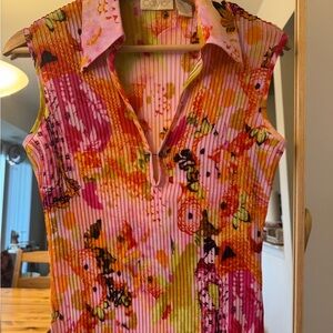 Caviar M Sleeveless Pleated Summer Top Orange & Pink Casual Lightweight Blouse